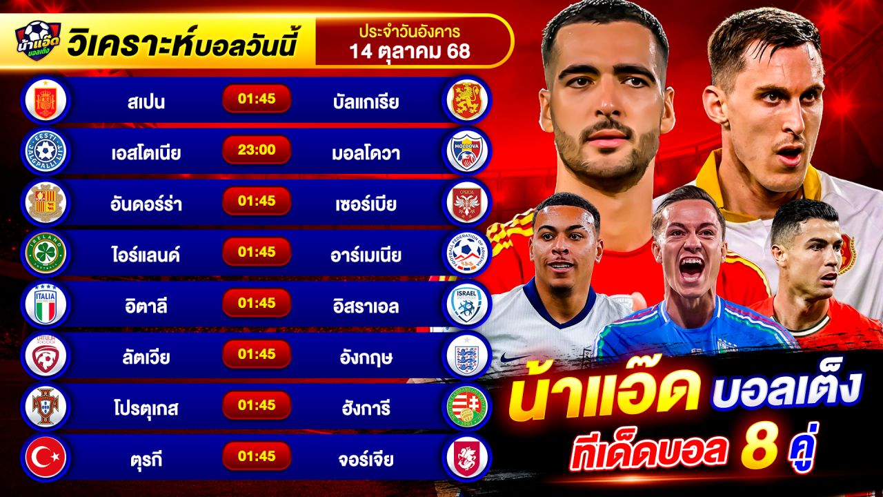 วิเคราะห์บอลวันนี้ ทีเด็ดบอล วันอังคาร ที่ 14 ตุลาคม 2568 By น้าแอ๊ดบอลเต็ง #วิเคราะห์บอลวันนี้