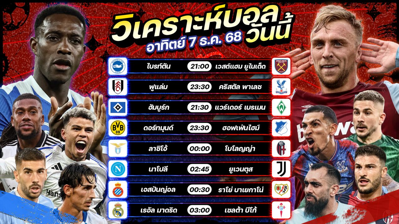 ⚽️🏅🥳วิเคราะห์บอลวันนี้ ทีเด็ดบอล วันอาทิตย์ ที่ 7 ธันวาคม 2568 by อัศวินล้มโต๊ะ #พรีเมียร์ลีก #เซเรียอ #ลาลีกา #บุนเดสลีกา
