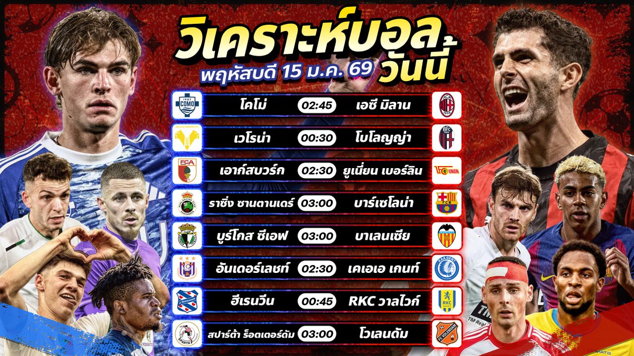 ⚽️🌟😽วิเคราะห์บอลวันนี้ ทีเด็ดบอล วันพฤหัสบดี 15 มกราคม 2569 By อัศวินล้มโต๊ะ