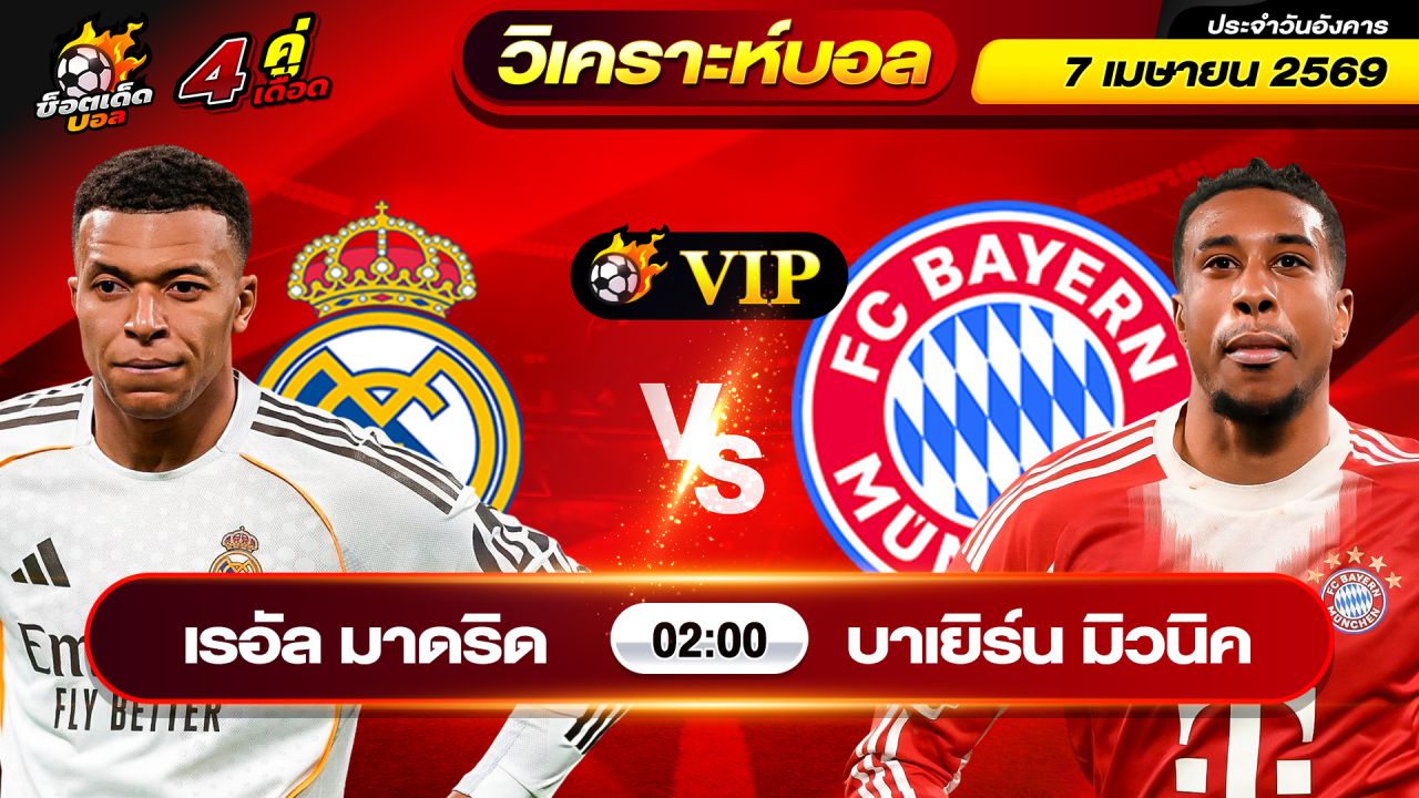 วิเคราะห์บอลวันนี้ ทีเด็ดบอล วันอังคาร ที่ 7 เมษายน 2569 By ช็อตเด็ดบอลเต็ง