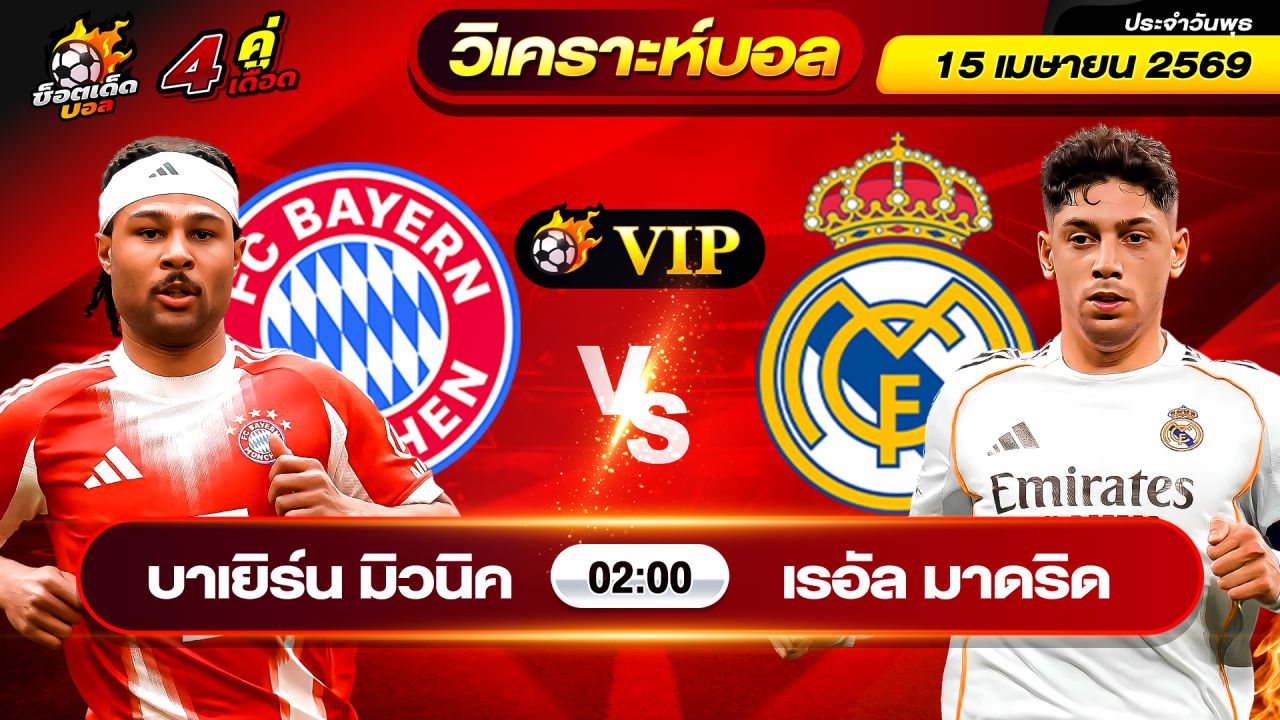 วิเคราะห์บอลวันนี้ ทีเด็ดบอล วันพุธ ที่ 15 เมษายน 2569 By ช็อตเด็ดบอลเต็ง