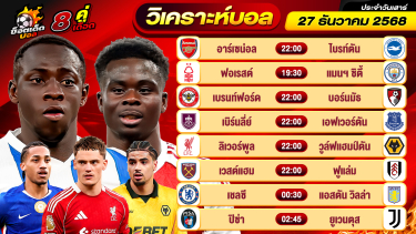 ดูวิเคราะห์ วิเคราะห์บอลวันนี้ ทีเด็ดบอล วันเสาร์ ที่ 27 ธันวาคม 2568 By ช็อตเด็ดบอลเต็ง