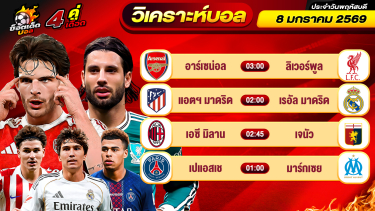 ดูวิเคราะห์ วิเคราะห์บอลวันนี้ ทีเด็ดบอล วันพฤหัสบดี ที่ 8 มกราคม 2569 By ช็อตเด็ดบอลเต็ง