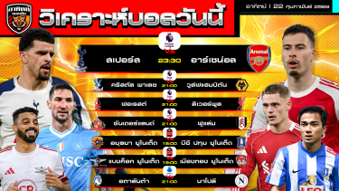 ดูวิเคราะห์ วิเคราะห์บอลวันนี้ | 22 กุมภาพันธ์ 2569 | พรีเมียร์ลีก 4 คู่ ไทยลีก 2 คู่ เซเรียอา 1 คู่ | by อาทิตย์ บอลเต็ง (@itid007)