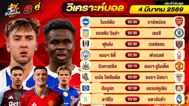 ดูวิเคราะห์ วิเคราะห์บอลวันนี้ ทีเด็ดบอล วันพุธ ที่ 4 มีนาคม 2569 By ช็อตเด็ดบอลเต็ง