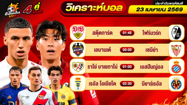 ดูวิเคราะห์ วิเคราะห์บอลวันนี้ ทีเด็ดบอล วันพฤหัสบดี ที่ 23 เมษายน 2569 By ช็อตเด็ดบอลเต็ง