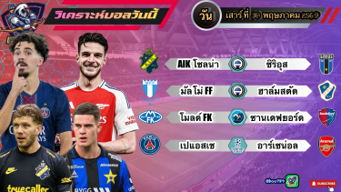 ดูวิเคราะห์ วิเคราะห์บอลวันนี้ เสาร์ที่ 30 พฤษภาคม 2569|🇸🇪ซิริอุส ท้าชน🏴󠁧󠁢󠁥󠁮󠁧󠁿ไอ้ปืนโต ขอเบิ้ล🫡By #บลูบอลเด็ด