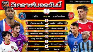 ดูวิเคราะห์ วิเคราะห์บอลวันนี้ | 30 พฤษภาคม 2569 | UCL เจลีก ลีกจีน ลีกฟินแลนด์ | by อาทิตย์ บอลเต็ง (@itid007)