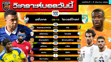 ดูวิเคราะห์ วิเคราะห์บอลวันนี้ | 4 มิถุนายน 2569 | กระชับมิตรทีมชาติ 6 คู่ เอเช่ยนคัพ 1 คู่ | by อาทิตย์ บอลเต็ง (@itid007)